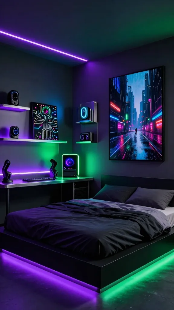 Ultra-realistic, high-resolution photograph of a sci-fi cyberpunk den, designed as a modern male bedroom. The room features deep charcoal grey walls, dramatically illuminated by vibrant LED strip lights in electric purple, neon blue, and emerald green, casting dynamic reflections across the surfaces. A sleek, minimalist black platform bed with dark, crisp bedding is positioned against one wall. Opposite, a streamlined metallic desk holds a high-tech gaming setup with glowing peripherals. Metallic wall shelves display abstract futuristic tech gadgets and a prominent DIY circuit board art piece. A large-scale graphic art print depicting a rain-slicked dystopian cityscape dominates a feature wall. The overall atmosphere is dark, edgy, and intensely futuristic, with a sharp focus on metallic textures and neon glows. No text.