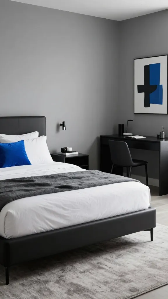 A high-resolution, realistic photograph of a sophisticated and modern male bedroom, featuring a minimalist aesthetic in a black, white, and grey monochrome palette. A neatly made bed features crisp white bedding and a charcoal grey duvet. Sleek, minimalist furniture, including a bedside table and a desk, is in matte black and dark grey tones. Walls are a soft grey, complemented by a light grey area rug. A single, vibrant pop of electric blue is introduced through a plush throw pillow on the bed and a striking abstract art piece with blue accents above the desk. Abundant natural light illuminates the space, highlighting textures. The ambiance is clean, refined, and subtly playful. Shot with a wide-angle lens, shallow depth of field, sharp focus, cinematic lighting, no text.