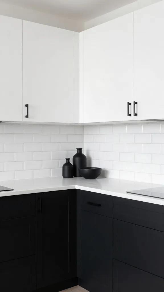 A high-quality, realistic photo of a small, minimalist kitchen, showcasing a high-contrast black and white monochrome palette. The upper cabinets are a crisp white, while the lower cabinets are a deep matte black, all featuring modern, minimalist black pulls. A simple white subway tile peel-and-stick backsplash extends across the wall above the clear, light-colored countertops. A few thoughtfully placed black and white ceramic accessories, such as a small vase and a bowl, subtly adorn a corner of the counter. The kitchen is impeccably organized with clean lines, bathed in bright, natural light, conveying an illusion of spaciousness and sophisticated calm. Sharp focus, no text.