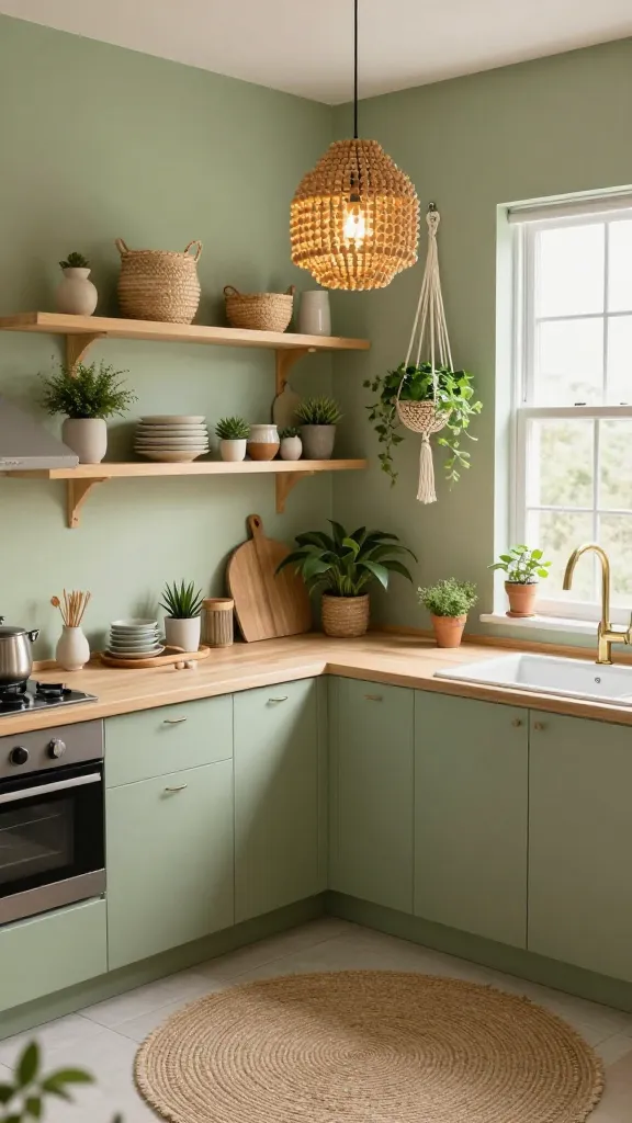 A high-angle, realistic, high-quality photo of a small, sun-drenched boho chic kitchen. The walls are painted a soft sage green. Natural light wood floating shelves display an artful arrangement of woven baskets, earthy-toned ceramic dishes, and small potted succulents and herbs. A round, textured jute rug lies on the floor. Macrame plant hangers with lush green plants are suspended near a window, and a simple wood bead pendant light hangs centrally, casting a warm, inviting glow. The kitchen feels cozy, earthy, and effortlessly stylish.