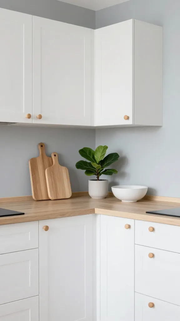 A high-quality, realistic photo of a bright and airy small Scandinavian kitchen. The walls are painted in a soft pale grey-blue. Crisp white kitchen cabinets, updated with simple light wood knobs, line the space. A light-toned countertop holds a display of a few blonde wood cutting boards, a small vibrant fiddle-leaf fig plant, and a minimalist white ceramic fruit bowl. The scene evokes a sense of calm, functionality, and hygge.