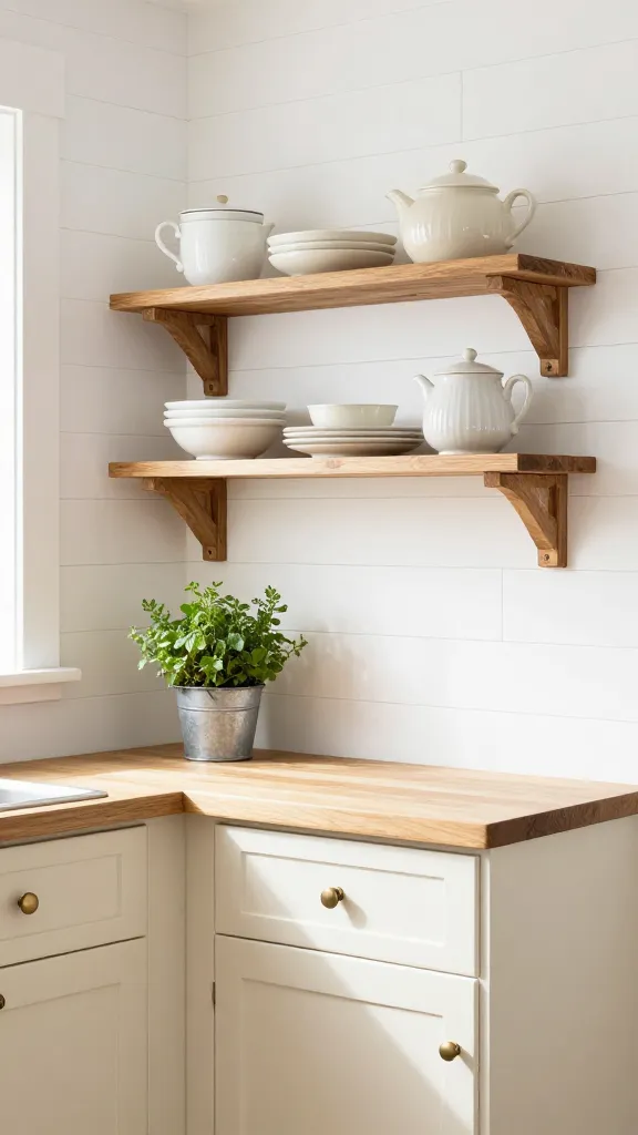 A bright, high-resolution, eye-level professional photograph of a small, cozy farmhouse kitchen. One prominent wall features clean white peel-and-stick shiplap wallpaper. The kitchen cabinets are painted a soft cream color, adorned with elegant bronze cup pulls. Above the countertop, rustic open wooden shelving displays a curated collection of antique-inspired white and cream dishware. A small galvanized metal planter with vibrant green herbs sits on the counter. A subtle, rustic wooden sign (without text) is visible on the shiplap wall. Natural light streams in, creating a warm, inviting, and impeccably styled atmosphere, highlighting the efficient use of a small space.