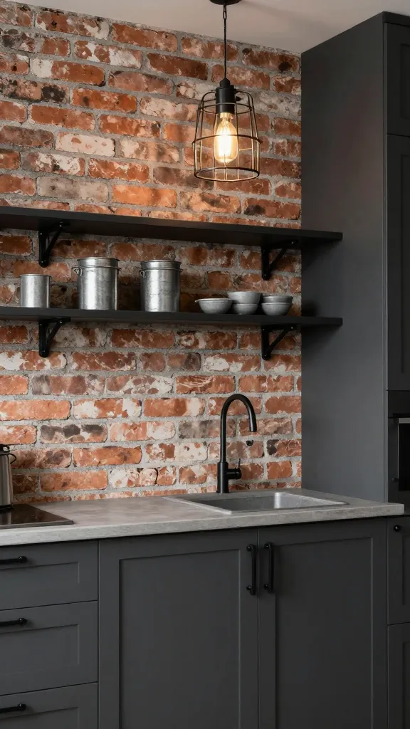 A high-quality, realistic photo of a stunning small kitchen designed with an industrial edge. An accent wall features realistic faux brick peel-and-stick wallpaper, creating an urban, loft-apartment vibe. Deep charcoal grey lower cabinets with sleek black matte hardware are visible. Above the counter, robust black pipe shelving provides open storage, holding a few exposed, utilitarian metal canisters. A single, prominent metal cage pendant light hangs, casting a warm glow. The overall aesthetic is tough yet chic, showcasing raw textures and modern, factory-chic elements. No text.