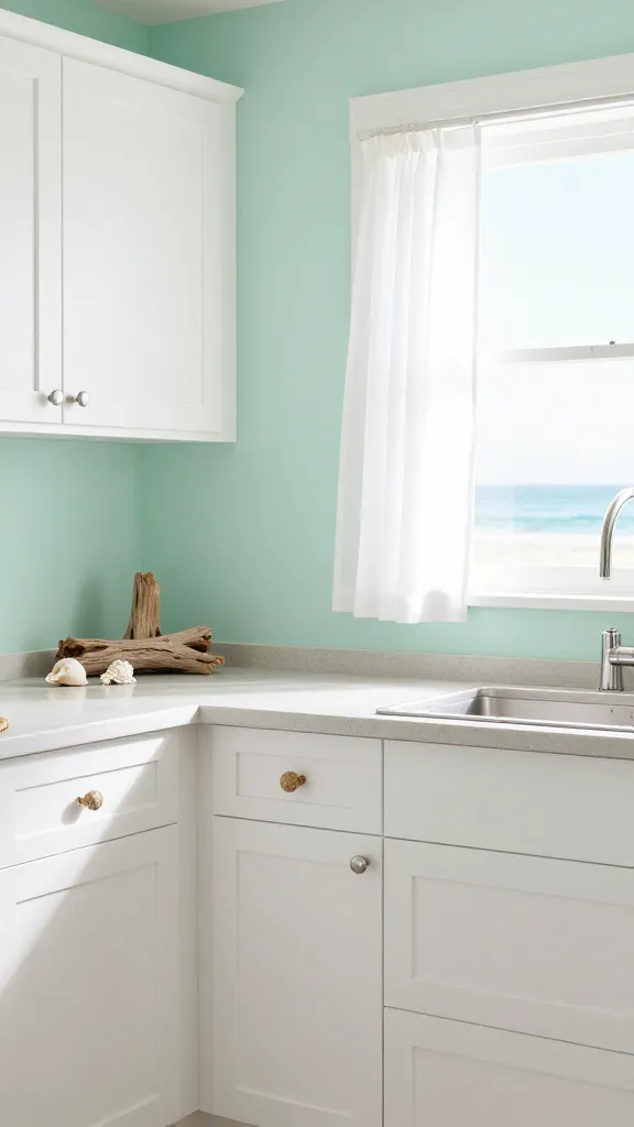 A high-quality, realistic photograph of a small, bright kitchen with a coastal calm theme. The walls are painted a soothing seafoam green, contrasting beautifully with crisp white painted kitchen cabinets. Some cabinet doors and drawers feature charming rope pulls, while others have simple silver knobs. A window, letting in abundant natural light, is adorned with a sheer white curtain. On a light-colored countertop, decorative elements include a few scattered seashells, a piece of weathered driftwood, and a small woven placemat. The overall atmosphere is breezy, serene, and evokes a relaxed beach-house vibe, bathed in bright, natural light. No text.
