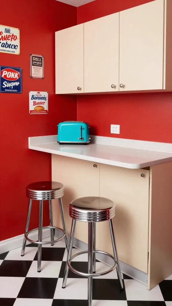 A vibrant and cheerful small kitchen, meticulously designed in a 1950s retro diner style. The floor features classic black and white checkerboard tiles. A striking feature wall is painted a brilliant cherry red, providing a bold backdrop. Light-colored cabinet doors are fitted with shiny chrome hardware. On a clean, light-colored countertop, a bright turquoise retro-style toaster serves as a prominent focal point. Two sleek chrome bar stools are positioned at a compact, matching breakfast counter. The walls are adorned with several vintage-inspired tin signs, adding to the authentic retro ambiance. The kitchen is brightly lit, showcasing its energetic and playful character. High-quality, realistic photograph, no text.