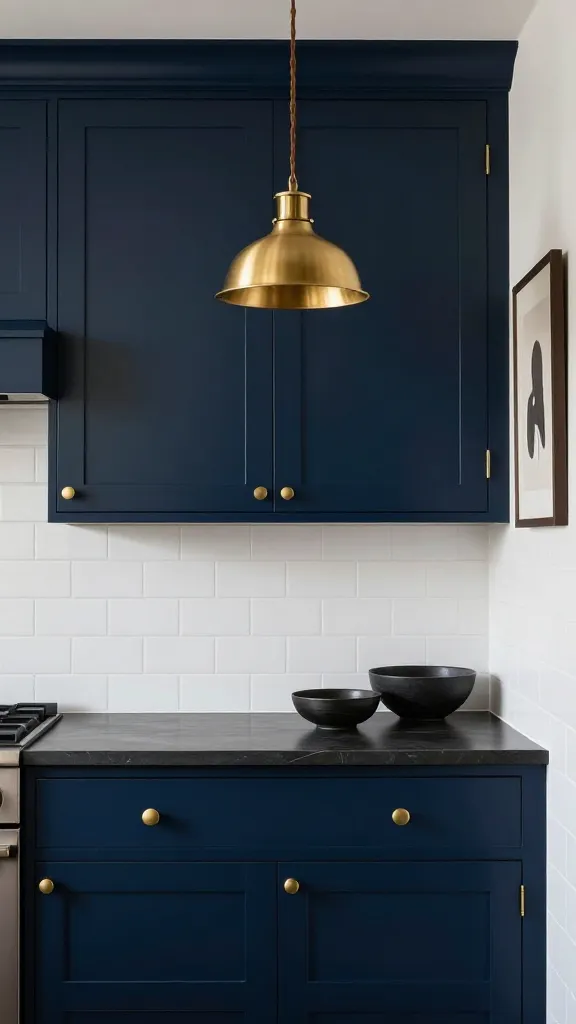 A realistic, high-resolution professional photograph of a luxurious and intimate small kitchen, viewed from an eye-level perspective. The custom cabinetry is painted a deep, rich navy blue, adorned with elegant brass cabinet pulls. A sleek white subway tile backsplash extends across the wall, providing a crisp contrast. A single, polished brass pendant light hangs centrally over a key counter area, casting a warm, inviting glow. On the dark countertop, a few dark-toned ceramic bowls are artfully arranged, and a small, abstract piece of art hangs on the adjacent wall, adding a sophisticated touch. The scene is bathed in soft, natural light, creating subtle shadows that enhance the moody yet chic atmosphere. The composition emphasizes the dramatic color palette and metallic accents, showcasing a bold and modern design in a compact space.