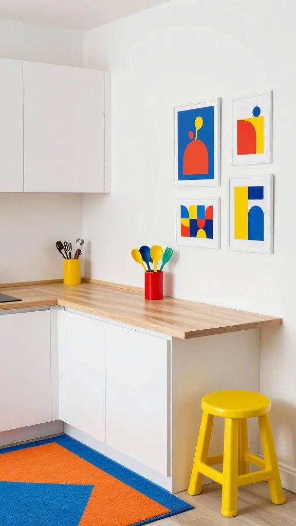 High-angle, realistic, professional photograph of a small, vibrant pop art kitchen. The kitchen features sleek, minimalist white upper and lower cabinets and crisp white walls. A light wood countertop provides a clean base. The floor is anchored by a brightly colored, geometric-patterned rug in electric blue and orange hues. On the wall, several framed, bold pop art prints with primary colors (red, blue, yellow) and graphic elements are playfully arranged. On the countertop, a bright red utensil holder overflows with colorful cooking utensils in shades of yellow, blue, and green. A small, sunny yellow backless stool is tucked neatly under a counter or island. The space is flooded with bright, natural light, highlighting the cheerful and energetic atmosphere. No text on images. Interior design magazine quality, sharp focus, vibrant colors.
