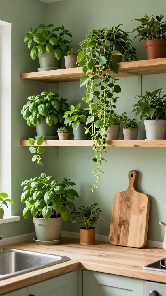 A high-quality, realistic photograph of a small kitchen transformed into an 'Urban Jungle.' The walls are painted a soft, muted earthy green, providing a calming natural backdrop. Above a compact, modern sink and a section of countertop, multiple natural wood floating shelves are abundantly filled with a vibrant array of potted herbs like basil and mint, alongside lush hanging plants, including long, trailing pothos. A striking 'waterfall plant,' such as a String of Pearls, gracefully cascades down from the highest shelf, creating a focal point. Natural wood accents, including a rustic cutting board propped against the wall and a wooden utensil holder, are artfully arranged on the limited counter space. Bright, natural light illuminates the scene, giving the small kitchen a fresh, greenhouse-like ambiance. The composition emphasizes the density of the greenery and the harmonious blend of natural textures within a constrained space. No text.