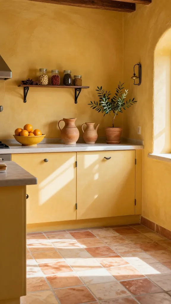 A small, sun-drenched Mediterranean kitchen, featuring warm ochre yellow walls and terracotta-look peel-and-stick floor tiles. Sunlight streams into the inviting space, highlighting rustic ceramic pitchers and a vibrant bowl of fresh citrus on the counter. A simple wrought iron shelf is mounted on the wall, holding various spices, while a small potted olive tree adds a touch of natural greenery, completing the relaxed, old-world villa charm. Realistic, high-quality photograph, natural light.