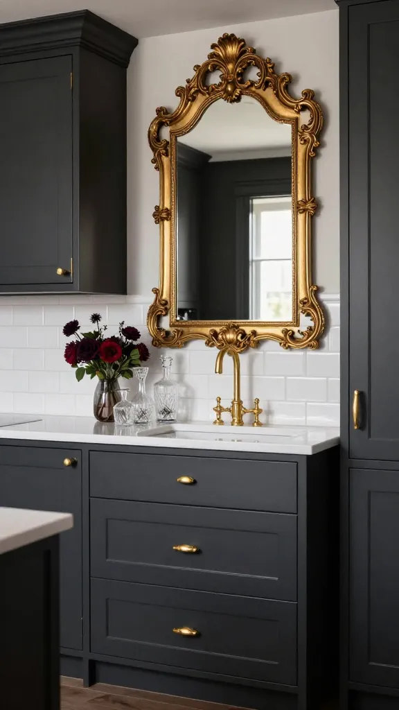 A high-quality, realistic photo of a small, luxurious kitchen designed in a Gothic Glam style. The custom cabinetry is painted a deep, matte charcoal grey, almost black, adorned with opulent, polished gold hardware. A dramatic, ornate gold-framed mirror is prominently displayed on one wall, reflecting ambient light and adding a sense of grandeur. The backsplash consists of simple, clean white subway tiles, providing a striking balance to the dark tones. On the polished countertop, a few vintage-inspired cut-glass decanters are artfully arranged alongside a small, moody floral arrangement featuring dark red and deep purple blooms. The lighting is soft and inviting, highlighting the rich textures and bold aesthetic of the compact space.
