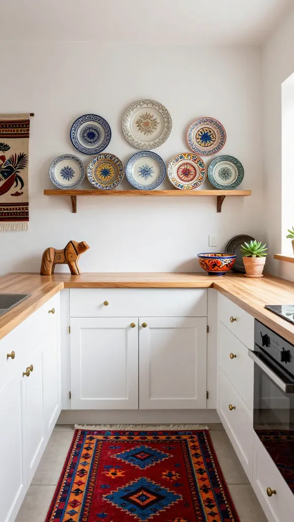 A medium shot of a small, vibrant eclectic kitchen. The walls are painted a clean, neutral white, providing a bright backdrop. A colorful Moroccan-style kilim rug with geometric patterns in rich reds, blues, and oranges is centrally placed on the floor. Simple, shaker-style white kitchen cabinets feature a deliberate mix of brass and matte black hardware, showcasing an eclectic touch. Above a light wood countertop, a rustic floating shelf displays a curated collection of vintage decorative plates of various sizes and patterns, creating a unique wall art display. On an adjacent wall, a small, intricately woven tapestry with earthy tones and global motifs adds texture. The countertop holds a few quirky travel souvenirs, such as a hand-carved wooden animal, a vibrant ceramic bowl, and a small potted succulent. Bright, natural daylight streams in, illuminating the space and highlighting the mix of textures and patterns. The kitchen feels personal, well-traveled, and full of unique character. Realistic photography, detailed, high resolution, no text.