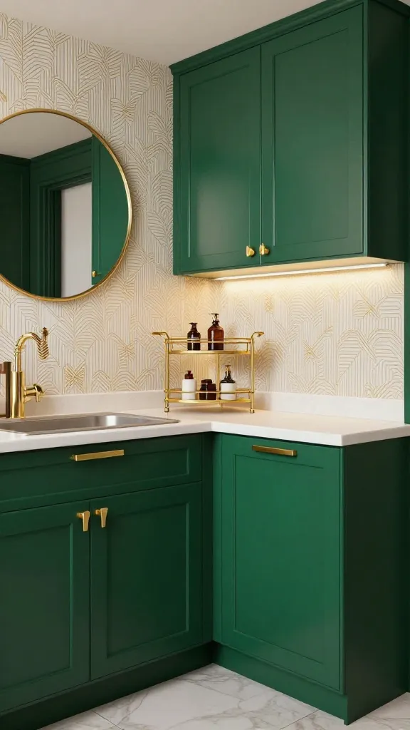 A high-quality, realistic photograph capturing a stunning small kitchen makeover, infused with glamorous Art Deco elegance. The compact space showcases deep emerald green painted cabinetry, adorned with striking gold geometric hardware. A peel-and-stick backsplash features a subtle, sophisticated gold and white geometric pattern, adding depth and texture. A small, elegant gold bar cart, styled with a few curated items, is subtly placed to optimize space and display. Above a pristine counter, a simple round mirror with a slender gold frame reflects the refined interior, enhancing the sense of understated opulence. The lighting is soft and inviting, highlighting the rich colors and metallic accents of this luxurious yet functional small kitchen. No text on image.