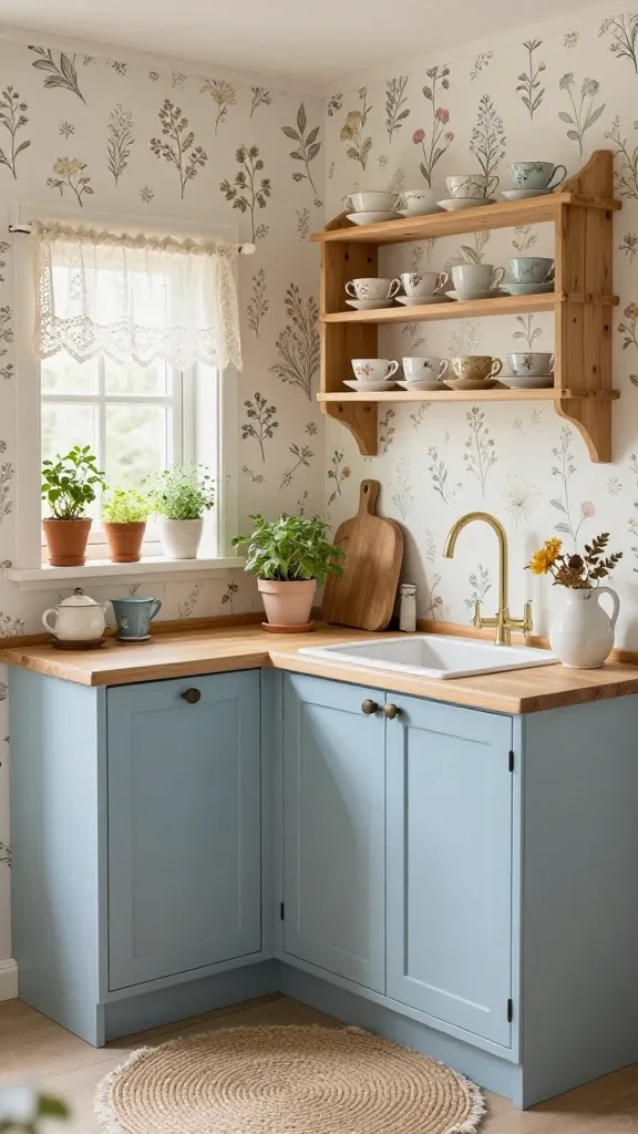 A high-quality, realistic photo capturing a small, whimsical cottage core kitchen, imbued with an idyllic, rustic country charm. The space feels sweet, romantic, and like a modern fairy tale. An accent wall is adorned with delicate floral peel-and-stick wallpaper in soft, muted botanical patterns. The compact kitchen cabinets are painted a soft pastel blue. Above a small, light-colored countertop, open wooden shelves display a curated collection of delicate vintage teacups and saucers. A small window is dressed with a charming, sheer lace curtain, and on the windowsill, a few potted herbs in cute, mismatched ceramic planters add a touch of fresh nature. A small, round braided rug in natural, earthy tones lies on the floor, enhancing the cozy atmosphere. The lighting is soft and natural, highlighting the textures and creating an inviting, charming ambiance. No text.