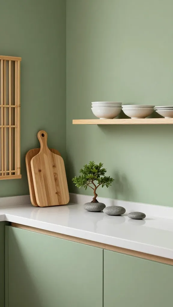 A high-quality, realistic photo of a small, tranquil Zen Garden kitchen. The walls are painted a soft moss green, creating a serene backdrop. Natural bamboo accents are subtly incorporated through a neatly stacked cutting board leaning against the wall and a small, decorative bamboo room divider partially visible in the background, adding texture and warmth. Countertops are impeccably clear and uncluttered, featuring a delicate small bonsai tree and a few smooth grey river stones arranged artfully. Simple, matte white ceramic dishes are neatly displayed on an open shelf. Soft, indirect lighting bathes the space, enhancing the peaceful and minimalist atmosphere, highlighting natural materials and a profound sense of calm. No text.