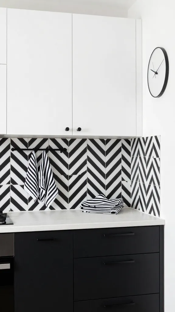 A high-quality, realistic photograph of a small, modern kitchen featuring a dramatic high-contrast black and white design. The upper cabinets are a clean white, while the lower cabinets are a matte black, all fitted with sleek black minimalist hardware. A striking peel-and-stick backsplash with a bold black and white geometric herringbone pattern runs between the cabinets. A light-colored countertop provides a crisp surface. On display are a few black and white striped dish towels and a minimalist black circular wall clock. The scene is brightly lit, emphasizing sharp lines and sophisticated chicness.