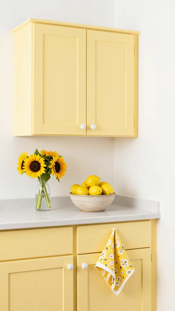 A high-quality, realistic photograph of a small, cheerful kitchen bathed in bright natural light. The kitchen features upper and lower cabinets painted a vibrant yet soft butter yellow, adorned with simple white ceramic knobs. The surrounding walls are a crisp, clean white, creating a bright and airy atmosphere. On the countertop, a rustic ceramic bowl is filled with fresh, bright yellow lemons, and a charming small arrangement of sunflowers stands nearby. A couple of yellow floral dish towels are neatly draped over a cabinet handle or folded on the counter. The overall impression is warm, inviting, and full of sunny energy, showcasing a perfect small kitchen makeover. No text.