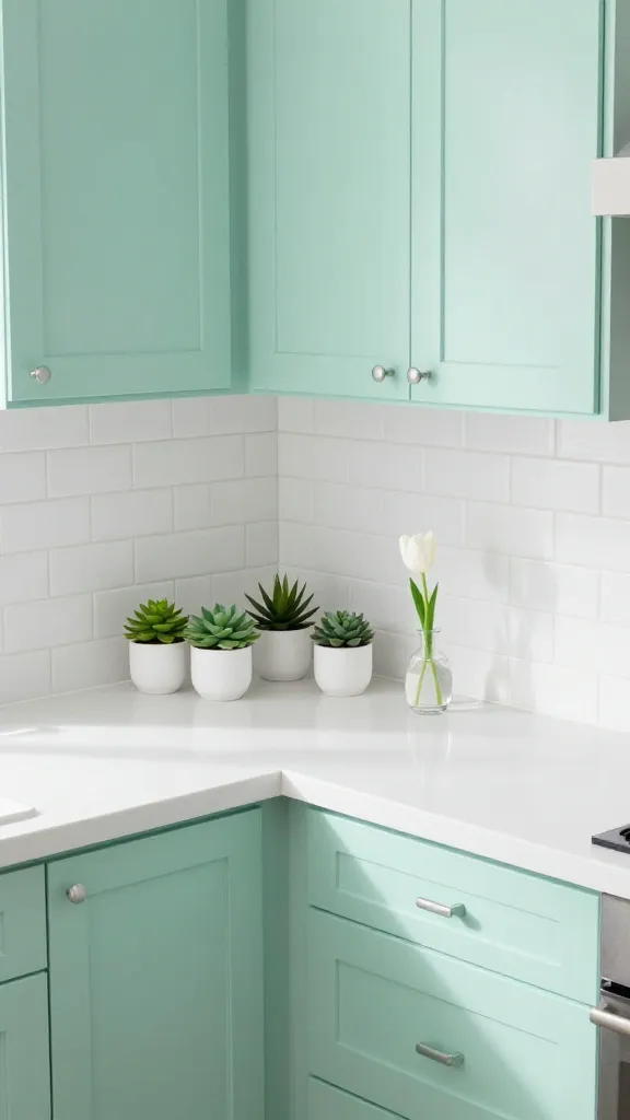 A high-angle, realistic, professional photograph capturing a small, modern kitchen with a refreshing and invigorating atmosphere. The custom-built base and upper cabinets are painted a gentle, matte mint green, creating a light and airy feel. A pristine white quartz countertop extends across the main workspace, complemented by a clean white subway tile backsplash that runs from the countertop to the bottom of the upper cabinets. All cabinet doors and drawers feature sleek, minimalist chrome hardware. On the countertop, a cluster of three minimalist white ceramic planters holds small, vibrant green succulents, adding a touch of natural life and subtle texture. Nearby, a delicate, small clear glass vase holds a single, elegant white tulip. The kitchen is bathed in soft, natural daylight streaming in from an unseen window, highlighting the clean lines and invigorating color palette. The overall aesthetic is chic, functional, and uncluttered, with no text visible.