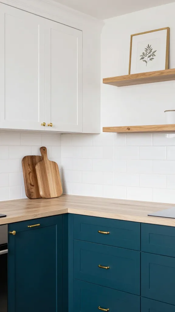 A high-angle, realistic photo of a stunning, serene small kitchen makeover. The lower cabinets are painted a deep, luxurious teal, perfectly contrasted with crisp white upper cabinets. Elegant polished gold hardware adorns all cabinet doors and drawers. A light, clean countertop and a simple white subway tile backsplash reflect natural light. Warm wood tones are introduced by a thick wooden cutting board leaning against the backsplash and one or two minimalist floating wooden shelves. A small, delicate botanical print in a slim gold frame hangs on the wall, adding a touch of nature. The overall atmosphere is sophisticated, calming, and inviting, showcasing the versatility and depth of the teal color. Sharp focus, professional studio lighting, no text.