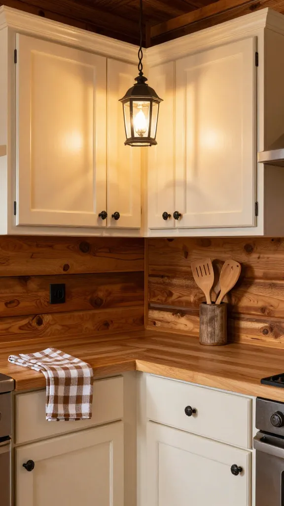 A high-quality, realistic photograph of a small, cozy rustic cabin kitchen. The kitchen features warm cream painted upper and lower cabinets with prominent black wrought iron hardware. An accent wall behind the main counter area is covered in faux wood beam wallpaper, adding a strong natural texture. A small, elegant lantern-style pendant light fixture hangs centrally, casting a warm glow. On the light wood countertop, a buffalo check dish towel is neatly folded, and a few simple wooden cooking utensils are displayed in a rustic holder. The overall ambiance is inviting and grounded, evoking a permanent mountain retreat. No text.