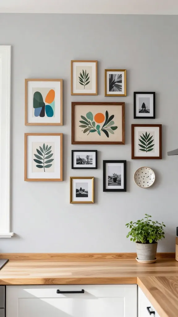 A high-resolution, eye-level photograph capturing a bright, inviting small kitchen with a prominent gallery wall. The kitchen wall is a clean, light grey, serving as a neutral backdrop. Above a light wood kitchen counter, a thoughtfully curated gallery wall takes center stage, featuring a vibrant mix of small art prints (abstracts, botanicals), personal black and white photos, and a couple of small decorative ceramic plates. The frames are an eclectic blend of light oak, dark walnut, brass, and matte black, creating visual interest without overwhelming the small space. The arrangement is slightly asymmetrical but balanced, filling the wall above the counter. The counter itself is tidy, with a single small potted herb plant adding a touch of green. Soft, natural daylight streams into the kitchen, highlighting the textures and colors of the gallery wall. Modern, cozy, personalized aesthetic.