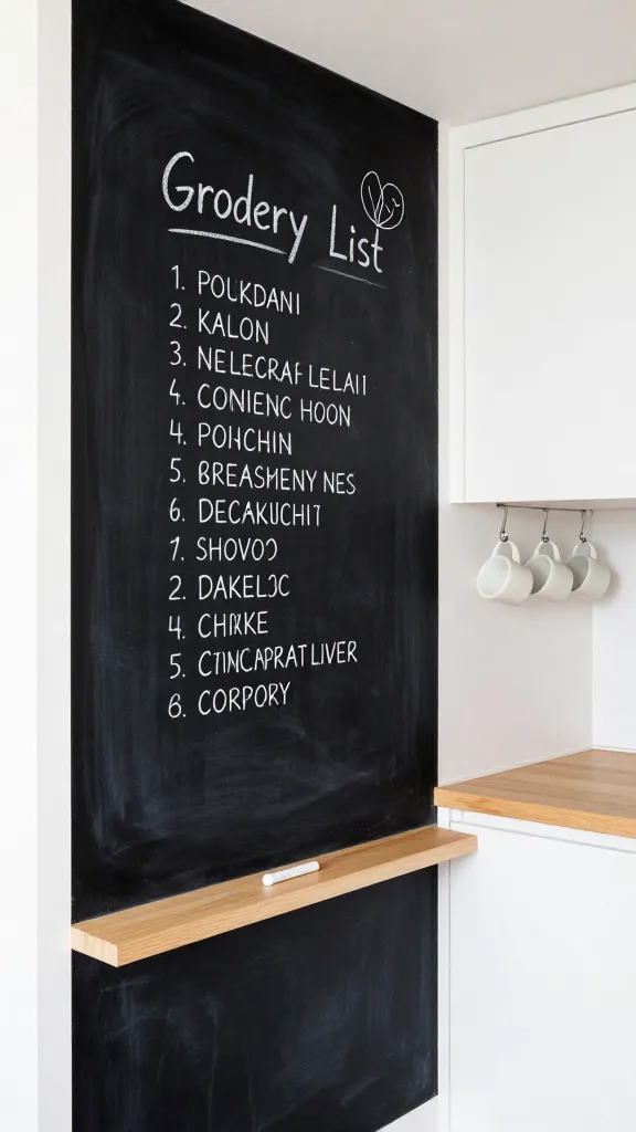A bright, high-resolution photograph capturing a small, modern kitchen with a prominent, full-height chalkboard accent wall. The matte black chalkboard surface displays neat, artistic white chalk marker writing, featuring a stylized grocery list and a playful doodle. A slim, light-toned wooden ledge is mounted at the bottom of the chalkboard, holding a few white chalk markers. Adjacent walls and minimalist kitchen cabinets are crisp white, creating a clean contrast. A set of three simple white ceramic mugs hangs neatly from minimalist hooks on the wall near the chalkboard. Natural light streams into the compact space, highlighting the clean lines and the functional, whimsical design.
