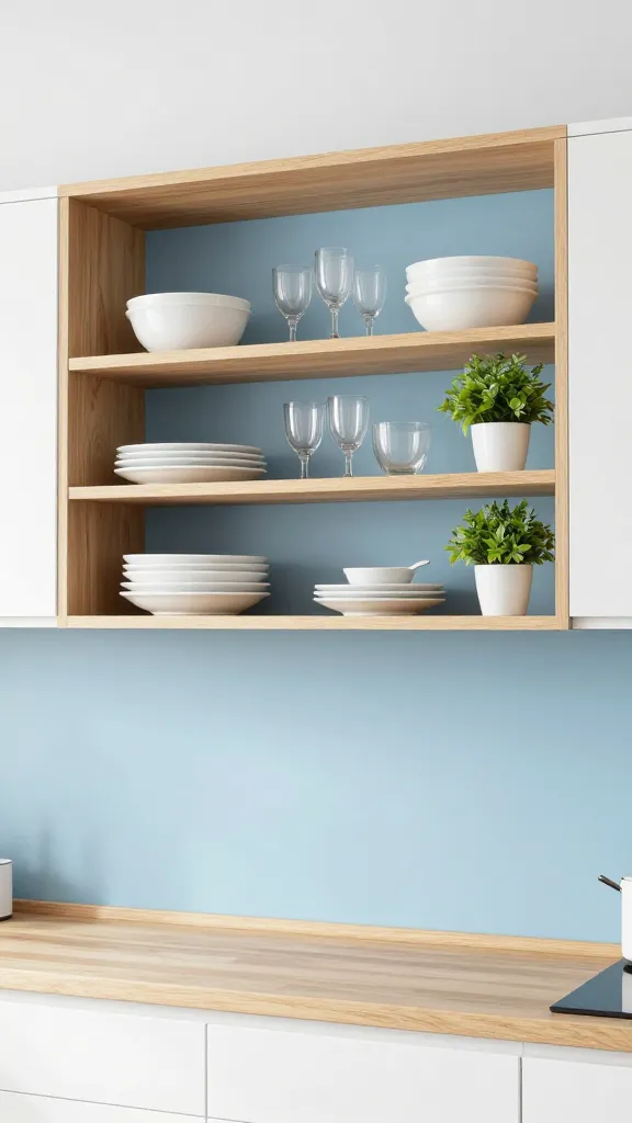 A high-resolution, professional photograph capturing a stunning small kitchen makeover. The central focus is a section of a kitchen wall where upper cabinets have been removed and replaced with two sleek, simple floating shelves made of light, natural wood. The wall behind the shelves is painted a calming soft blue, creating a vibrant backdrop that makes the displayed items pop. The shelves are meticulously styled with a curated collection of beautiful white ceramic dishes, clear glass bowls, elegant glassware, and a few small, vibrant green potted plants, alongside a minimalist decorative object. Bright, natural light floods the scene, emphasizing the airy, spacious, and expansive feel of the small kitchen. The image embodies a clean, modern, and budget-friendly design, showcasing how open shelving transforms a compact space. No text.