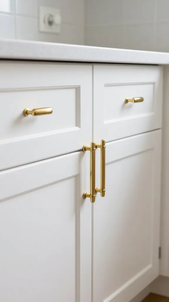A high-resolution, eye-level medium shot capturing a section of a small, refreshed kitchen. The primary focus is on a bank of freshly painted, crisp white shaker-style cabinets. Stunning, long, polished brass bar pulls are prominently installed on all the cabinet doors and drawers, reflecting ambient light and instantly elevating the aesthetic. A couple of elegant white ceramic knobs are subtly visible on smaller upper cabinets, adding a touch of bespoke charm. The countertop is a clean, light grey quartz, complementing the white cabinets. The scene exudes a custom, expensive, and meticulously detailed feel, showcasing the transformative power of upgraded hardware in a budget-friendly makeover. Natural lighting, sharp focus, realistic photography, no text.