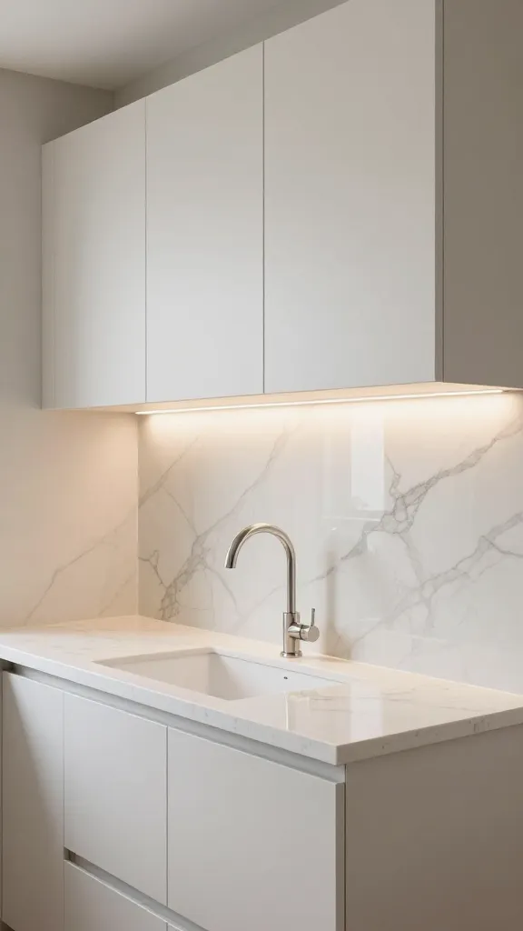A highly detailed, eye-level, realistic photograph showcasing a stunning small kitchen makeover. The central focus is a sophisticated, high-end marble-effect peel-and-stick backsplash, meticulously installed and gleaming with a subtle sheen. The backsplash features elegant grey veining against a pristine white background, extending seamlessly from a clean, light-colored quartz countertop to the bottom of minimalist, neutral matte white upper cabinets. The surrounding walls are painted a subtle, warm greige, ensuring the backsplash is the undisputed focal point and adds significant personality. Soft, warm under-cabinet LED lighting illuminates the backsplash, highlighting its texture and the clean lines of the kitchen. A modern, sleek stainless steel gooseneck faucet is visible, complementing the updated aesthetic. The overall impression is one of a bright, fresh, and intelligently transformed small kitchen space, demonstrating a high-impact, budget-friendly DIY upgrade.