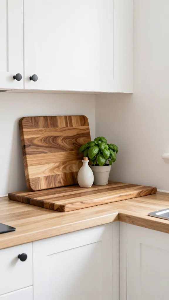 A realistic, high-quality eye-level photograph of a bright, small kitchen corner. A thick, warm-toned butcher block cutting board serves as a prominent decorative overlay on a section of the existing countertop, exuding rustic charm and modern utility. It is flanked by crisp white flat-panel cabinets, both upper and lower, equipped with simple matte black bar pulls. Soft natural light illuminates the space, creating an inviting and functional atmosphere. A small, potted basil plant and a minimalist ceramic olive oil dispenser are subtly arranged on the butcher block, adding to the curated, high-end feel achieved on a budget.
