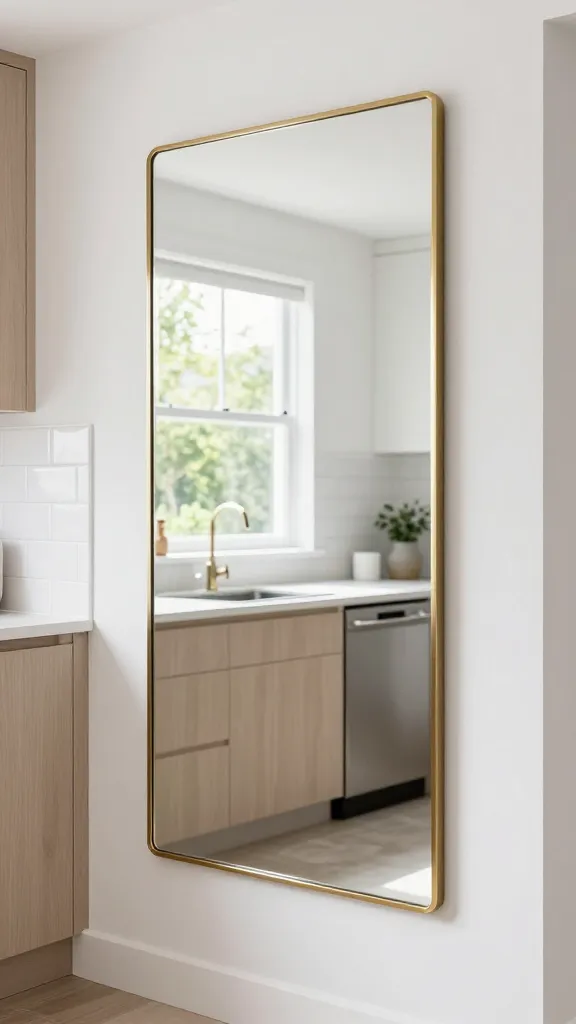 A high-quality, eye-level photograph of a meticulously renovated small kitchen, radiating a bright, airy atmosphere. A large, simple mirror with a thin, sleek gold frame is strategically mounted on a pristine white wall, serving as the focal point. The mirror brilliantly reflects a sunlit window showcasing vibrant outdoor greenery, effectively doubling the perceived size and light within the compact space. The kitchen features light-toned cabinetry, a clean white subway tile backsplash, and minimalist decor, ensuring the reflection remains uncluttered and enhancing the illusion of expansive depth. The overall scene is clean, modern, and filled with natural light, emphasizing clever spatial design.