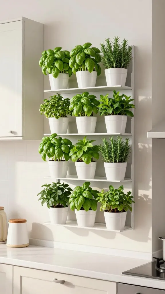 A high-resolution, realistic photograph, captured at eye-level, showcasing a beautifully designed small kitchen. The focal point is a vibrant vertical herb garden, artfully arranged on a prominent, light-colored wall. This garden features a sleek, wall-mounted system of staggered floating shelves, each holding uniform white ceramic pots overflowing with lush green basil, fragrant mint, and robust rosemary. The surrounding kitchen elements are bright and minimalist, with clean light-colored cabinetry and countertops, reflecting a smart, budget-friendly makeover. Soft, natural light bathes the scene, enhancing the fresh textures of the herbs and the overall inviting, practical aesthetic of the compact space. No text.