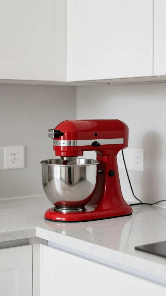 A high-quality, realistic medium shot capturing a stylish, compact kitchen countertop. A vibrant, retro-style red stand mixer stands prominently as the central statement piece. The kitchen features sleek, minimalist white cabinetry and light grey quartz countertops, providing a clean, neutral backdrop that allows the red mixer to truly pop. Soft, natural light illuminates the scene, highlighting the mixer's glossy finish and the immaculate surface around it. The overall impression is one of modern simplicity with a playful, bold accent.