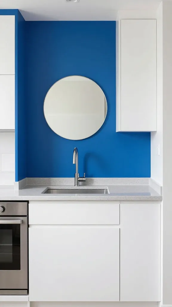 A high-quality, realistic photograph capturing a stunning small kitchen makeover. One wall of the compact kitchen is painted a vibrant cobalt blue, serving as a bold and dramatic accent wall. The remaining kitchen walls and sleek, handleless cabinetry are a crisp, neutral white, providing a clean contrast. On the cobalt blue wall, a single, simple round mirror is centrally hung, reflecting light and adding depth without clutter. The kitchen features light grey quartz countertops, integrated stainless steel appliances, and a minimalist aesthetic with very few decorative items, allowing the striking accent color to be the focal point. Bright, natural light streams into the space, highlighting the fresh, modern transformation.