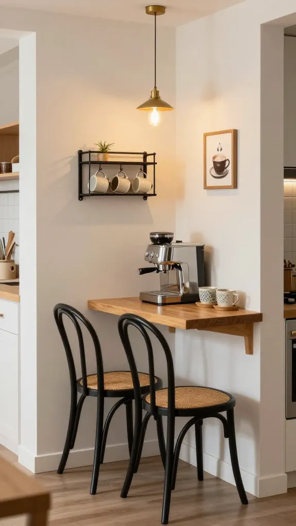 A high-quality, realistic photo capturing a charming cafe-inspired nook nestled within a small, light-filled kitchen. The focal point is a narrow, light wood wall-mounted table, perfectly sized for a quick meal. Two elegant, compact black metal bistro chairs with woven rattan seats are neatly positioned under the table. Above the table, a dedicated coffee station is set up with a sleek chrome espresso maker and a couple of artisan ceramic mugs. A stylish, minimalist wall-mounted mug rack, crafted from matte black metal, holds a small collection of matching mugs. A single, small brass pendant light with a warm glow hangs directly above the table, providing inviting ambiance. On the wall adjacent to the mug rack, a small framed print depicting a classic coffee cup adds a touch of European charm. The overall scene is cozy, inviting, and meticulously styled, with soft natural light enhancing the warm tones of the space. The surrounding kitchen elements are subtly visible, grounding the nook within the small kitchen context.