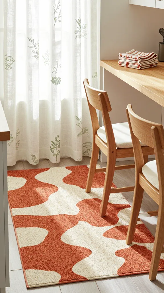A high-quality, realistic photograph capturing a beautifully refreshed small kitchen. Sunlight streams through a window, where crisp, new white linen curtains with a subtle green botanical print hang gracefully. A vibrant, abstract patterned runner rug in warm terracotta and cream tones stretches across the floor, adding warmth and defining the workspace. On a clean wooden countertop, a coordinated set of neatly folded cream and terracotta striped dish towels is stacked. A pair of simple, light wood dining chairs feature new, plush cream-colored seat cushions, adding comfort to a small breakfast nook. The overall atmosphere is instantly brighter, cozier, and more inviting, showcasing a textile-driven makeover. No text.