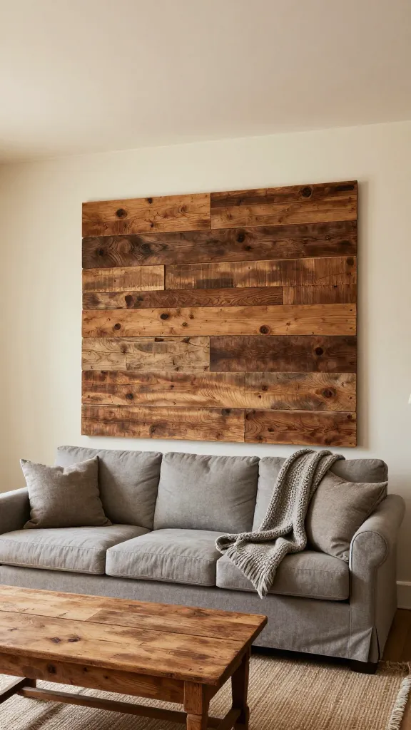 A high-angle, wide shot of a rustic farmhouse living room, centered on a focal point accent wall crafted from horizontally installed reclaimed barn wood, showcasing its authentic rough-hewn texture and rich, storied character. The surrounding walls are painted in a soft creamy white, providing a neutral backdrop. A plush linen sofa in a muted gray tone is positioned in the foreground, adorned with a chunky knit throw in a complementary warm gray. In front of the sofa, a distressed antique wooden coffee table sits on a natural fiber rug. The room is bathed in warm, inviting natural light, creating a cozy and serene atmosphere. Realistic, high-quality photograph, no text.
