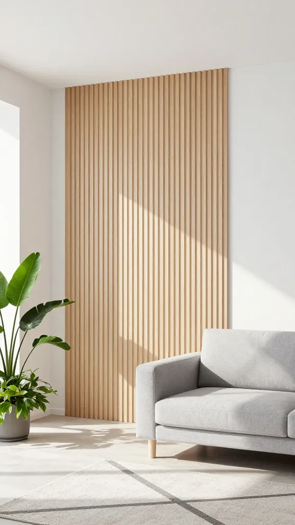 A bright, modern Scandinavian living room featuring a prominent, sleek vertical slat accent wall crafted from light birch or ash wood. The remaining walls are crisp white, enhancing the airy feel. A simple, functional sofa upholstered in light gray sits opposite the accent wall. Abundant natural light streams into the room, illuminating a geometric area rug on the floor and a few vibrant green plants. The overall atmosphere is serene, minimalist, and warm, exuding understated elegance. High-quality, realistic interior design photograph. No text.