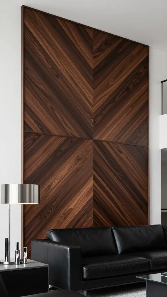 A high-quality, realistic photograph of a sophisticated contemporary living room. The central feature is a dramatic accent wall made from dark oak wood, meticulously arranged in a dynamic, architectural geometric pattern of interlocking chevrons. The deep, rich grain of the dark oak creates a powerful statement, beautifully contrasted by crisp white surrounding walls. A sleek, modern black leather sofa is elegantly placed in front of the accent wall. Polished metallic accents, such as a brushed steel floor lamp and chrome decorative objects on a minimalist side table, provide sophisticated touches. Soft natural light illuminates the space, enhancing the texture of the wood and leather, and emphasizing the depth and modern artistry of the design. No text.