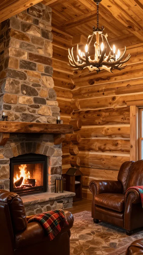 A high-quality, realistic photo of a cozy cabin-core living room, featuring a prominent knotty pine accent wall that showcases its warm golden tones and natural imperfections, extending across one significant wall. In front of the knotty pine wall, a grand, rustic stone fireplace with a gentle, inviting fire crackles softly. Two plush, deep brown leather armchairs are positioned comfortably near the fireplace, each draped with soft plaid throws in warm reds, greens, and browns. A large, elegant faux antler chandelier hangs from the ceiling, casting a warm, ambient glow over the woodsy retreat. The overall atmosphere is one of ultimate comfort and rustic charm, reminiscent of a mountain getaway.