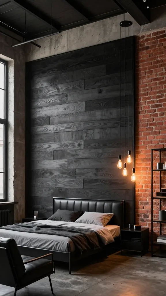 A high-angle, wide shot of a sophisticated industrial chic bedroom in a modern loft apartment. The focal point is a striking accent wall composed of dark, wide horizontal wood panels that seamlessly meet or are framed by raw concrete sections, creating a strong textural contrast. An adjacent wall features authentic exposed red brick. A sleek, black metal-framed bed with a black leather headboard is positioned against the wood accent wall. Above the bed, a cluster of warm Edison bulb pendant lights casts a soft, inviting glow. In the foreground, a stylish black leather armchair sits beside a tall, dark metal shelving unit adorned with minimalist decor. The overall atmosphere is warm, urban, and refined, showcasing strength and style. Realistic, high-quality interior design photography, no text.