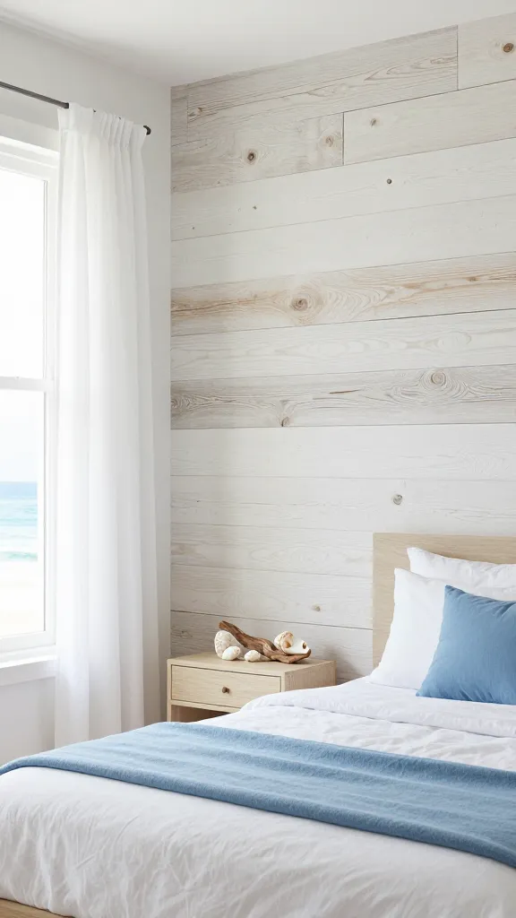 A professional, high-resolution photo from a slightly elevated perspective showcasing a serene coastal-themed bedroom. The main focal point is a stunning accent wall composed of horizontal bleached oak wood panels, their light, almost white hue subtly revealing natural wood grain, evoking the appearance of sun-bleached driftwood. A comfortable bed with crisp white linen bedding and a soft blue throw blanket is positioned against this accent wall. On a light wood nightstand beside the bed, a delicate collection of seashells and a small, organically shaped driftwood sculpture are artfully arranged. A large window, letting in abundant natural light, is adorned with flowing, sheer white linen curtains. The room's color palette predominantly features crisp whites, soft blues, and sandy beiges, creating an airy, tranquil, and refreshing atmosphere. The overall aesthetic is clean, inviting, and embodies a calm seaside escape. No text.