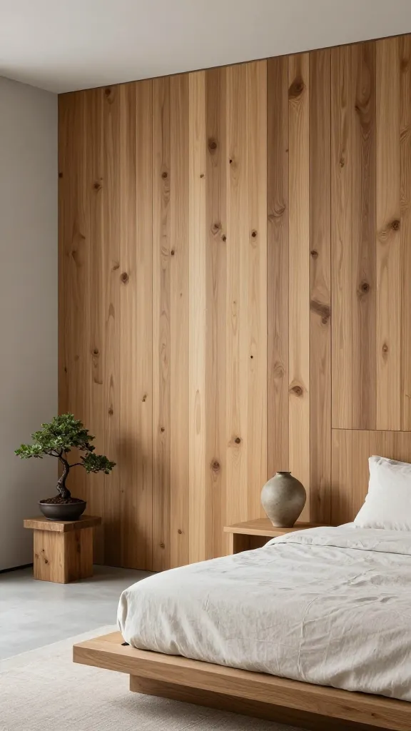 A high-resolution, professional interior design photograph showcasing a serene Japandi-inspired bedroom. The dominant feature is a floor-to-ceiling accent wall crafted from natural, aromatic vertical cedar wood slats, displaying their clean lines and warm, unvarnished grain. The surrounding walls are painted in a soft, muted gray, complemented by off-white linen bedding on a low-profile platform bed. A minimalist ceramic vase in an earthy tone rests on a simple, natural wood side table, beside which a meticulously pruned bonsai tree in a dark, understated pot adds a touch of living tranquility. Soft, diffused natural light filters into the room, enhancing the textures and creating a calming, Zen-like atmosphere. The overall scene exudes ultimate peace and understated elegance, with no text present.