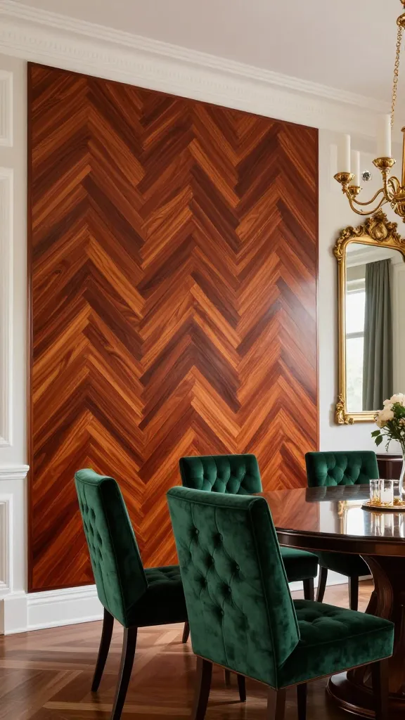 A luxurious formal dining room featuring a prominent, full-height accent wall crafted from rich, warm cherry wood in an intricate herringbone parquet pattern, exuding timeless sophistication. Elegant dining chairs upholstered in deep emerald green tufted velvet are arranged around a polished dining table. A large, ornate gold-framed mirror hangs on an adjacent wall, reflecting the opulent space, complemented by subtle gold accents in the chandelier and table decor. The room is bathed in soft, inviting light, conveying classic elegance and a luxurious feel. High-resolution, realistic photo, professional interior photography, no text.