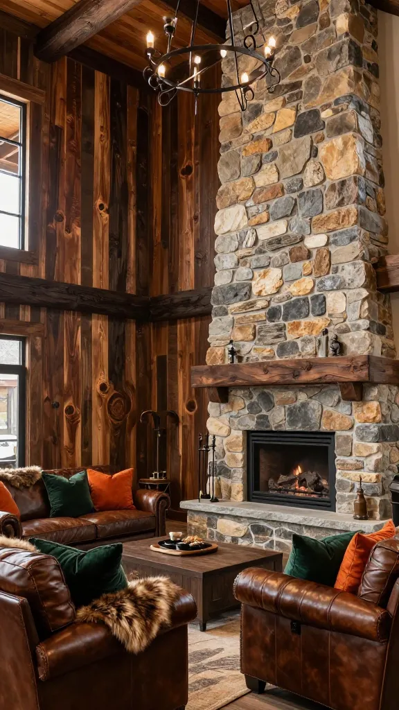 A grand living room in a modern mountain lodge style, featuring a prominent, dark-stained cedar accent wall with deep, rich tones and visible, rustic wood grain, spanning floor to ceiling. Adjacent to the cedar wall, an imposing, natural stone fireplace dominates the space. Heavy, luxurious brown leather sofas and armchairs are arranged around the fireplace, adorned with plush faux fur throws and accent pillows in deep forest green and burnt orange. Subtly incorporated wrought iron details are visible in a large, elegant chandelier overhead and a set of fireplace tools. Warm, inviting light fills the room, highlighting the textures of wood, stone, and leather. Professional interior photography, realistic, high-quality, sharp focus, inviting atmosphere, no text.