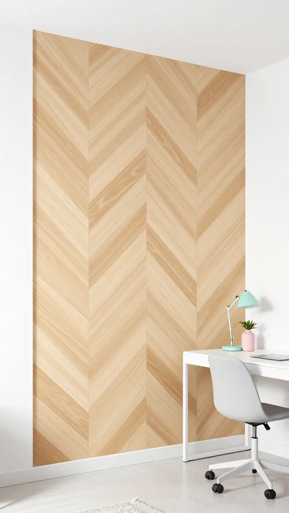 A high-quality, realistic photograph of a vibrant, contemporary home office. The focal point is a stunning accent wall featuring a crisp, angular chevron pattern crafted from light maple wood, extending from floor to ceiling. This dynamic wood wall brightens the room and adds a modern, playful energy. The adjacent walls are painted in a clean, pure white. The room is furnished with minimalist, modern pieces, including a sleek white desk and a contemporary office chair. Subtle pops of pastel colors are introduced through carefully chosen accessories, such as a mint green desk lamp and a pale pink decorative vase with a small plant. The space is flooded with natural light, creating a fresh and inviting atmosphere. Shot with a wide-angle lens to capture the full impact of the accent wall and the harmonious decor.