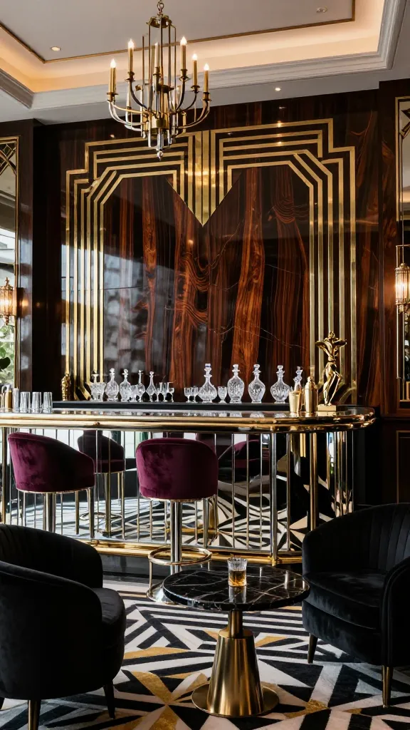 A high-quality, realistic photo of an opulent Art Deco bar area, captured from a slightly wide-angle perspective. The focal point is a dramatic accent wall crafted from inlaid Macassar ebony, showcasing its striking, dark striped grain and lustrous finish, intricately detailed with polished brass geometric inlays that catch the ambient light. In front of this luxurious wall, a sleek, mirrored bar cabinet with delicate gold trim holds an array of crystal decanters and glassware. Two elegant bar stools with deep plum velvet upholstery and gleaming chrome legs are positioned at the bar. The room is further adorned with a geometric patterned area rug in black, white, and gold, and a statement chrome and brass chandelier hangs overhead, casting a sophisticated glow. A small, round black marble-topped table with a brass base and two black velvet armchairs complete the seating arrangement. Gold decorative accents, such as a vintage cocktail shaker and a small sculpture, are subtly placed. The lighting is soft and ambient, enhancing the rich textures and opulent materials, creating an atmosphere of dramatic, sophisticated luxury.