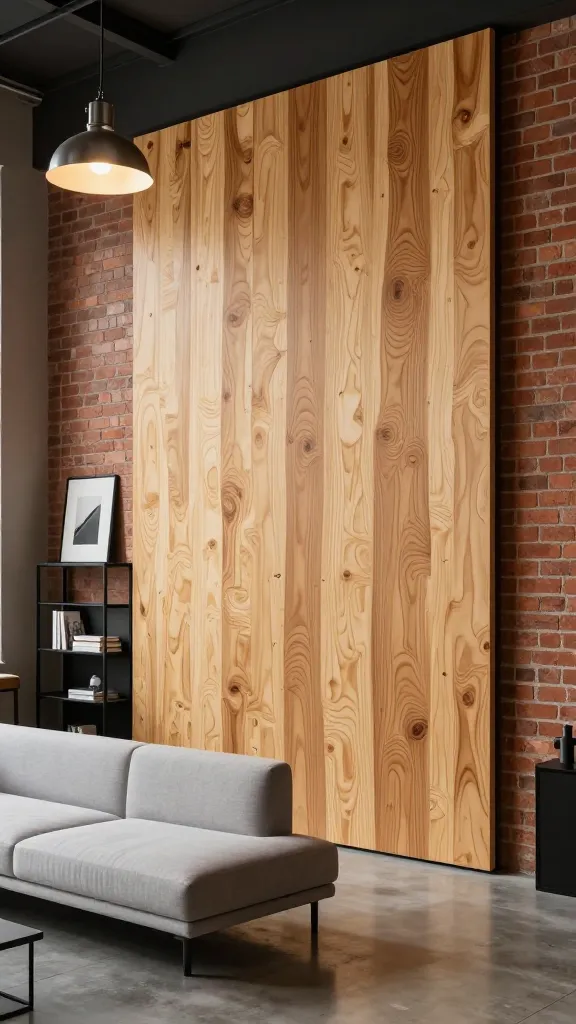 A high-angle, realistic photo capturing an urban loft living area. The focal point is a striking accent wall composed of large, vertically oriented plywood panels, sealed with a clear coat that enhances their natural, warm tan color. The visible layers and distinct natural grain of the plywood create a raw, modern, and textured look. Adjacent to the plywood wall, an exposed red brick wall adds an authentic industrial touch. A sleek black metal shelving unit is mounted against the plywood wall, displaying a few minimalist art pieces and books. Overhead, an industrial pendant light fixture with a metallic finish hangs, casting a warm glow. The floor is polished concrete, reflecting the ambient light. A low-profile, minimalist light grey sofa with clean lines sits on the concrete floor, facing the plywood accent wall. The overall atmosphere is edgy, creative, and sophisticated, embodying a modern urban loft aesthetic. No text.