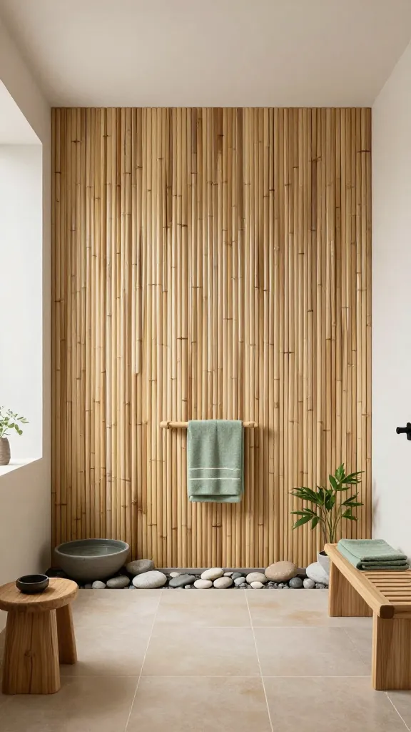 A realistic, high-quality professional interior design photograph of a serene Zen bathroom. The focal point is a floor-to-ceiling accent wall crafted from vertical bamboo slats, showcasing their unique, natural texture and light, airy feel. The room's color palette is muted, featuring soft sage green towels or small plants, sandy-toned floor tiles, and crisp off-white walls and fixtures. Artfully arranged smooth river stones are placed near a small, elegant tabletop water feature, creating a tranquil soundscape. Low-profile, minimalist wooden furniture, such as a simple stool or bench, complements the calm aesthetic. Soft, diffused natural light fills the space, enhancing the peaceful atmosphere. No text.