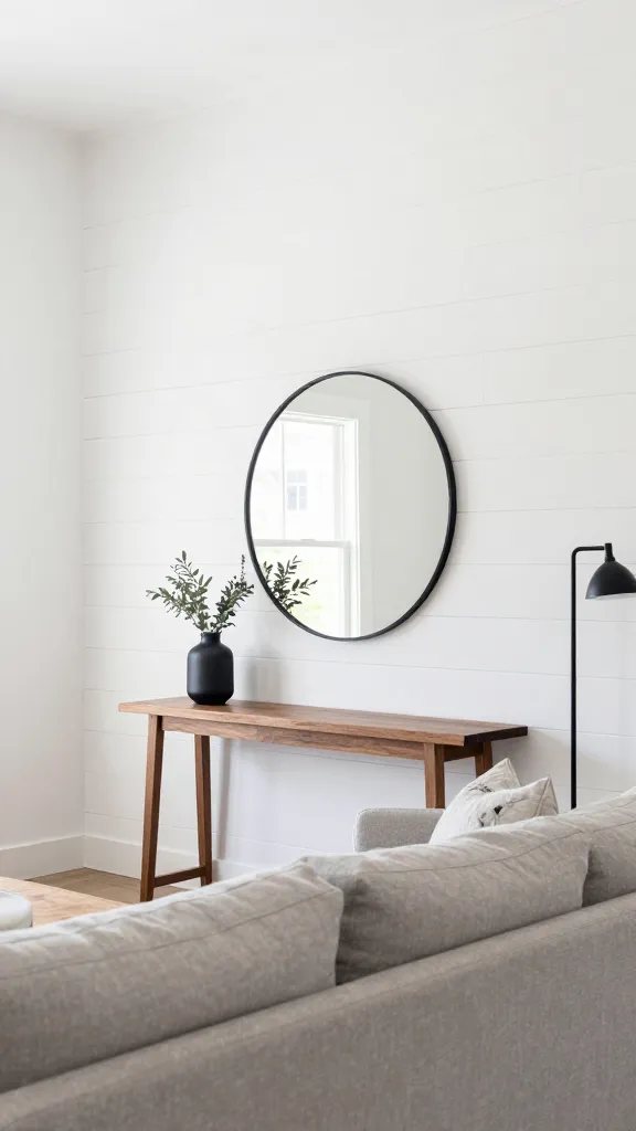 A high-quality, realistic interior photograph of a bright modern farmhouse living room. The focal point is a prominent vertical shiplap wood accent wall, painted in a crisp white, extending from floor to ceiling, creating a sense of height and a clean, tailored aesthetic. Against this backdrop, a sleek dark walnut wood console table is positioned, topped with a black metal vase holding subtle greenery. A large round mirror with a thin matte black metal frame hangs centrally on the shiplap wall, reflecting natural light from an unseen window. Nearby, a comfortable sofa upholstered in a soft, light gray textured fabric is adorned with complementary throw pillows. A black metal floor lamp stands beside the sofa, adding another black accent. The overall atmosphere is fresh, inviting, and modern without being overly rustic. Natural light, shallow depth of field, no text.