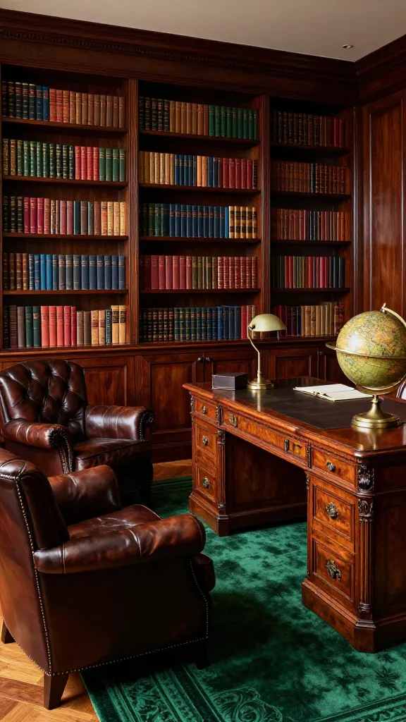 A high-angle, realistic, high-resolution photograph showcasing a sophisticated home study. The dominant feature is a grand accent wall made of rich, dark mahogany wood paneling, seamlessly integrating floor-to-ceiling built-in bookshelves filled with an eclectic collection of classic hardbound books. In the foreground, a substantial, classic wooden desk with intricate carvings is positioned, adorned with a large antique brass globe and a vintage desk lamp. To the left, a pair of luxurious, deep brown leather armchairs with tufted backs and rolled arms are arranged, resting on a plush, deep emerald green oriental rug that covers the polished hardwood floor. Soft, warm light streams in, highlighting the grain of the mahogany and the texture of the leather, creating an atmosphere of timeless elegance and intellectual charm. No text.